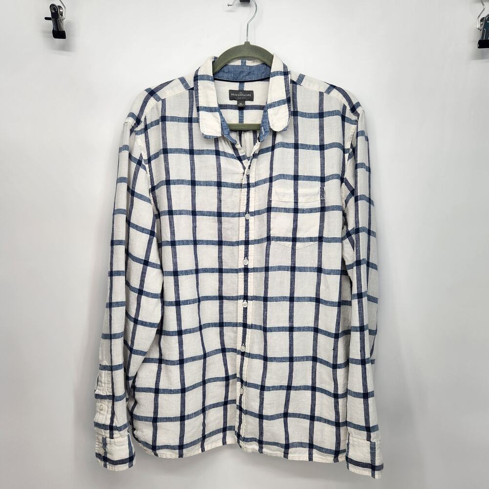L.L. Bean Signature 100% Linen White Blue Checked Slim Fit Button Down Men's XL